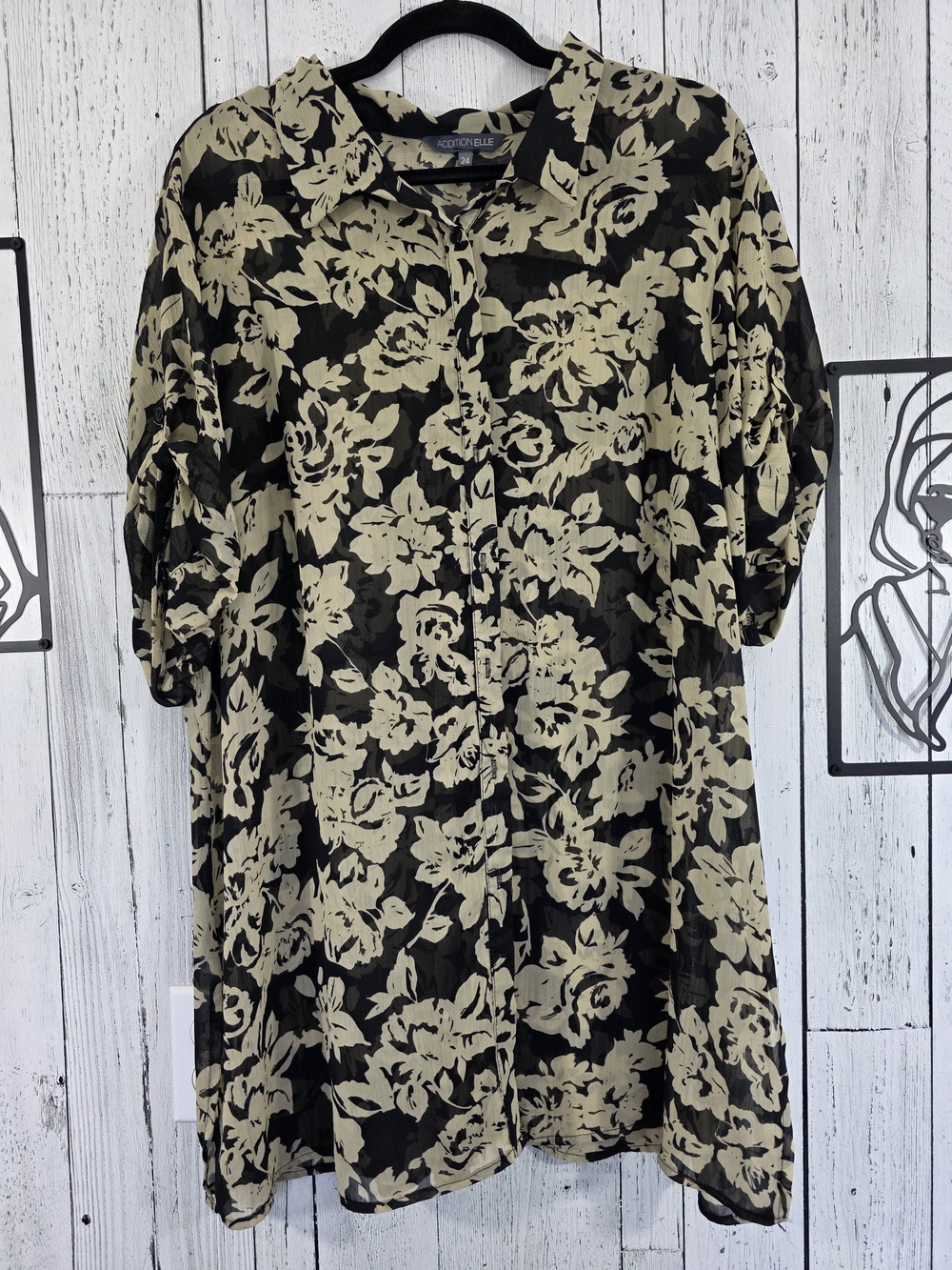 Addition Elle Floral Sheer Button-Up Tunic Blouse Size 24 Work Business Wear
